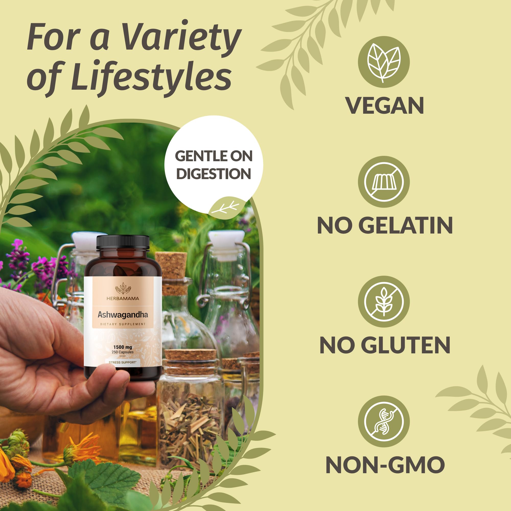 Half-open bottle of HERBAMAMA Ashwagandha capsules ready for daily use
