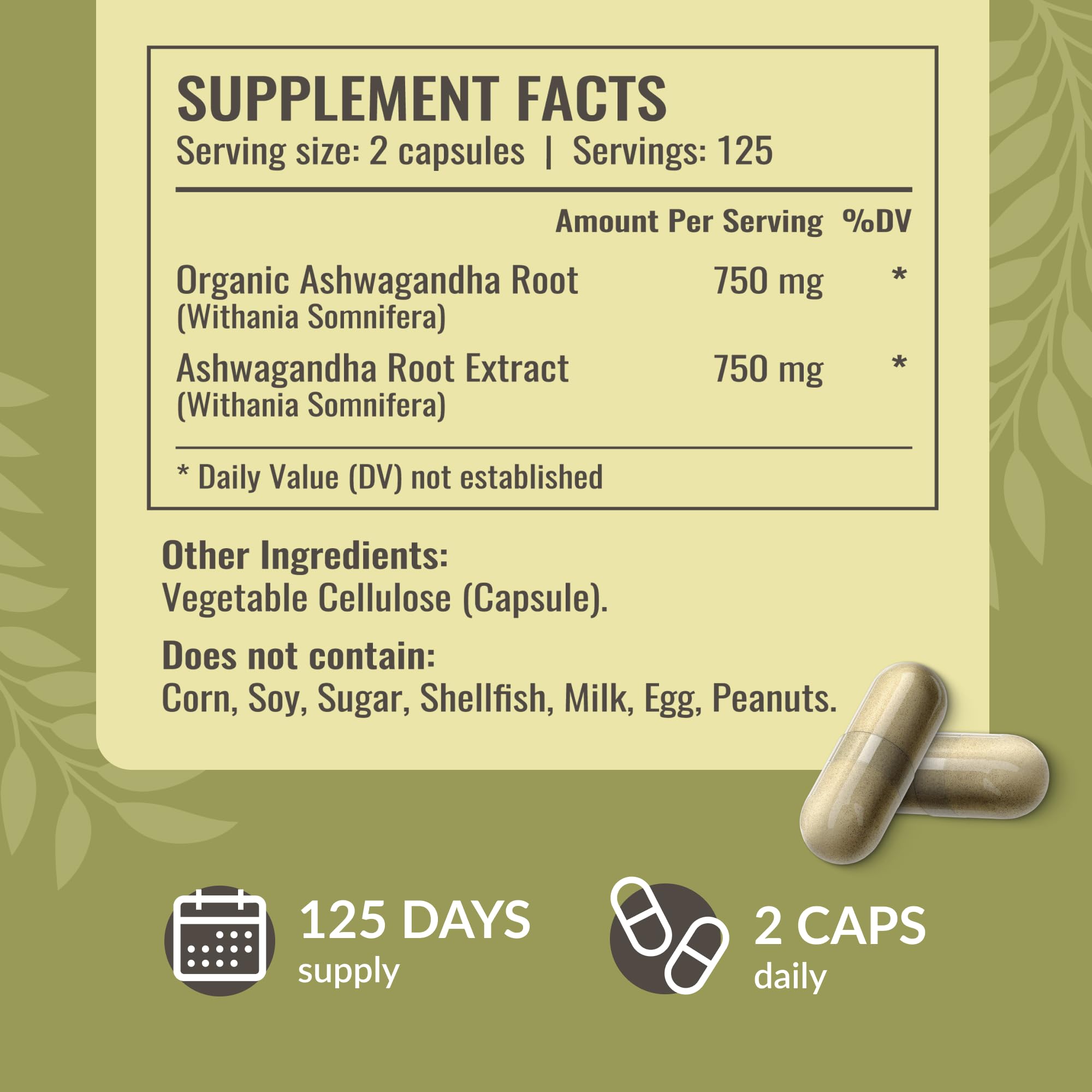 HERBAMAMA Ashwagandha capsule bottle label highlighting vegan non-GMO ingredients