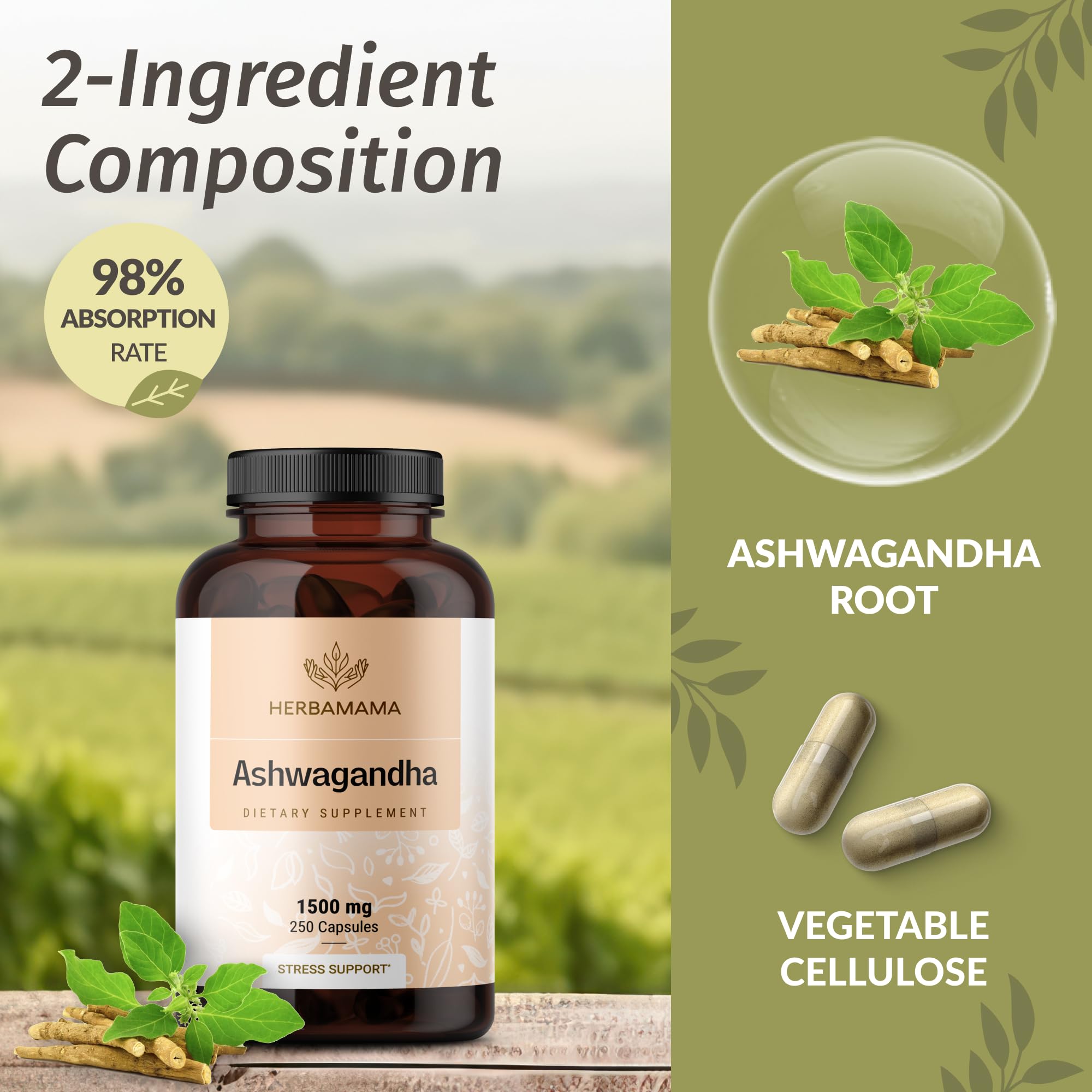 Packaged HERBAMAMA Ashwagandha capsules designed for everyday calm