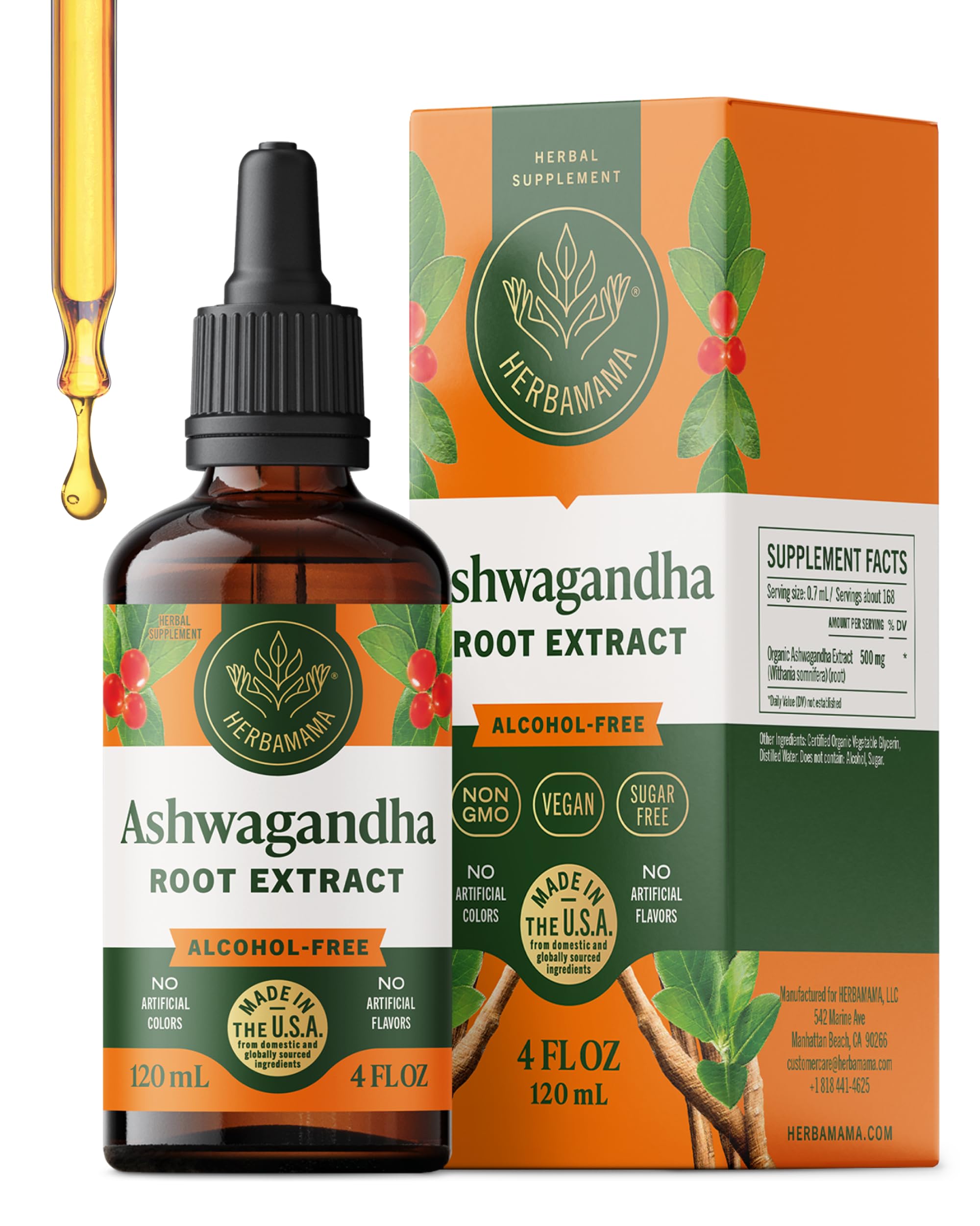 HERBAMAMA Ashwagandha Drops bottle shown for gentle mood support and relaxation.