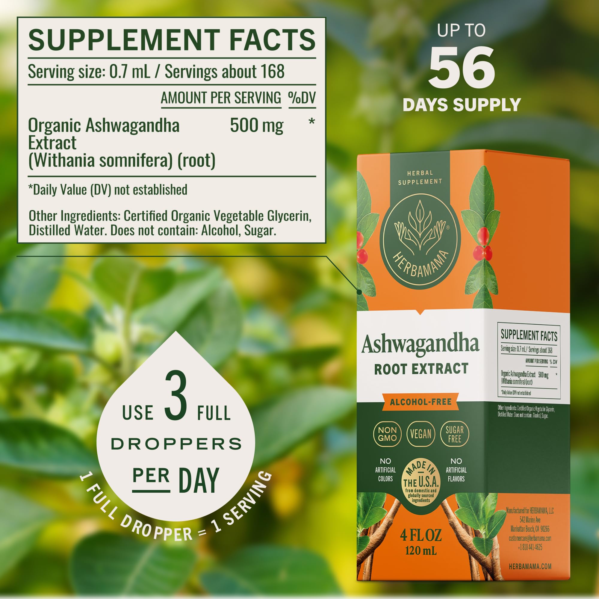 HERBAMAMA Ashwagandha Drops in a glass ready to be mixed for a calming ritual.