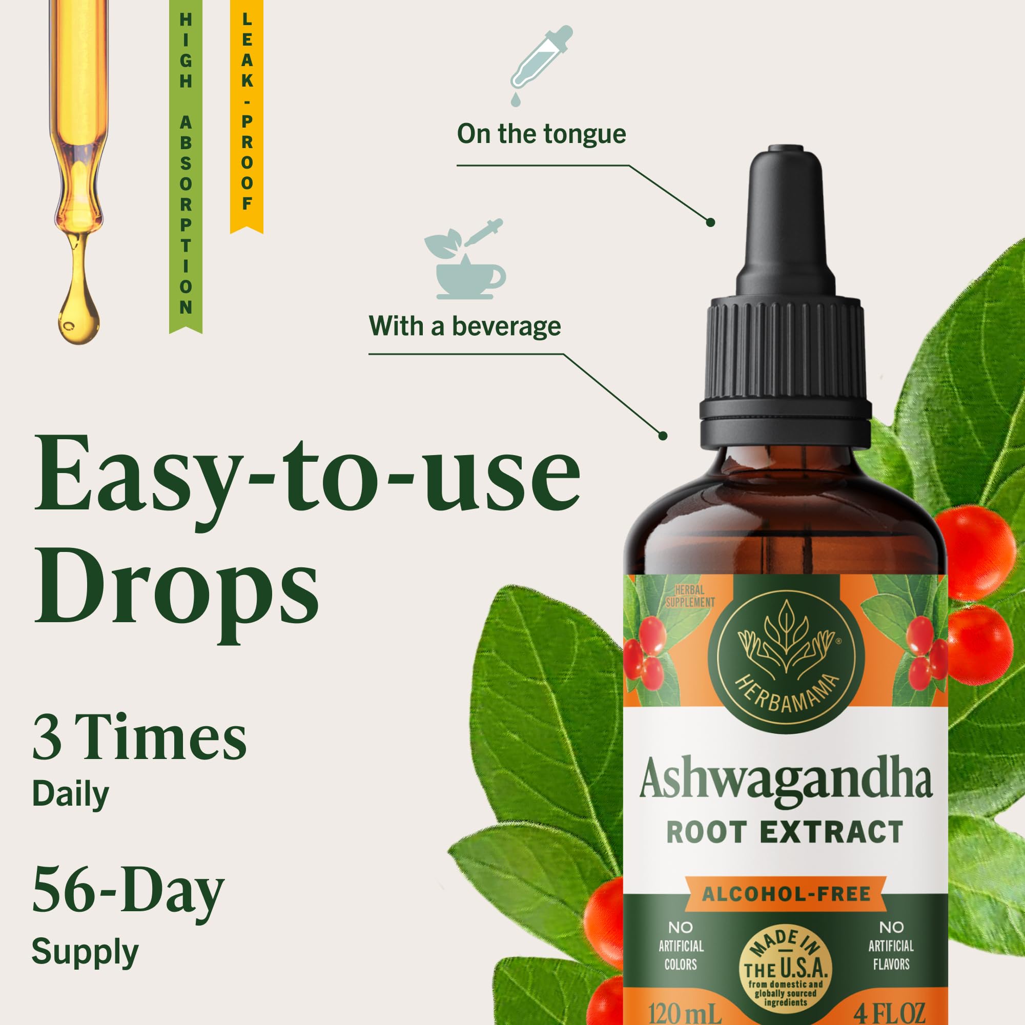 HERBAMAMA Ashwagandha Drops vegan formula designed for a plant-forward routine.