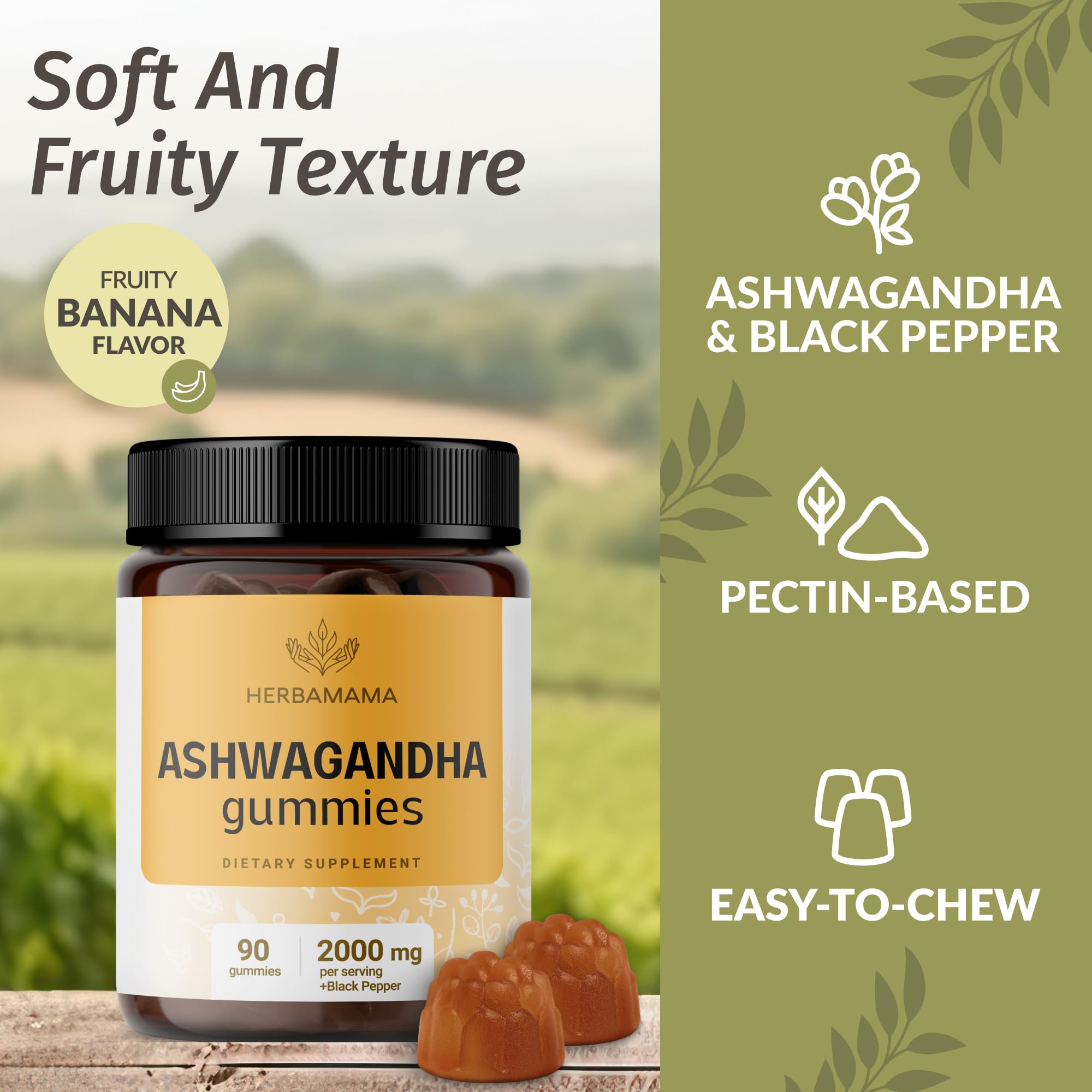 HERBAMAMA Ashwagandha Gummies with tapioca coating to prevent sticking in warm weather.