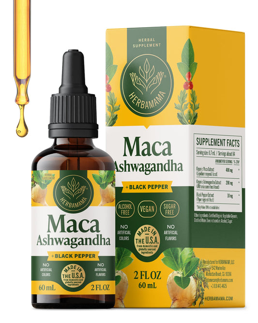 Herbamama Ashwagandha Maca Drops bottle label shows vegan, non-GMO calm-support formula.