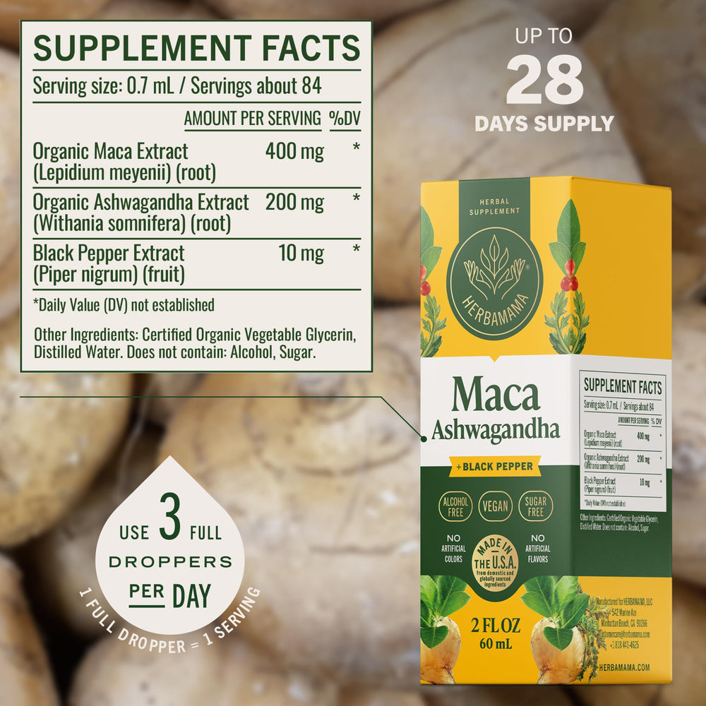 Herbamama Ashwagandha Maca Drops under-tongue use for fast uptake.