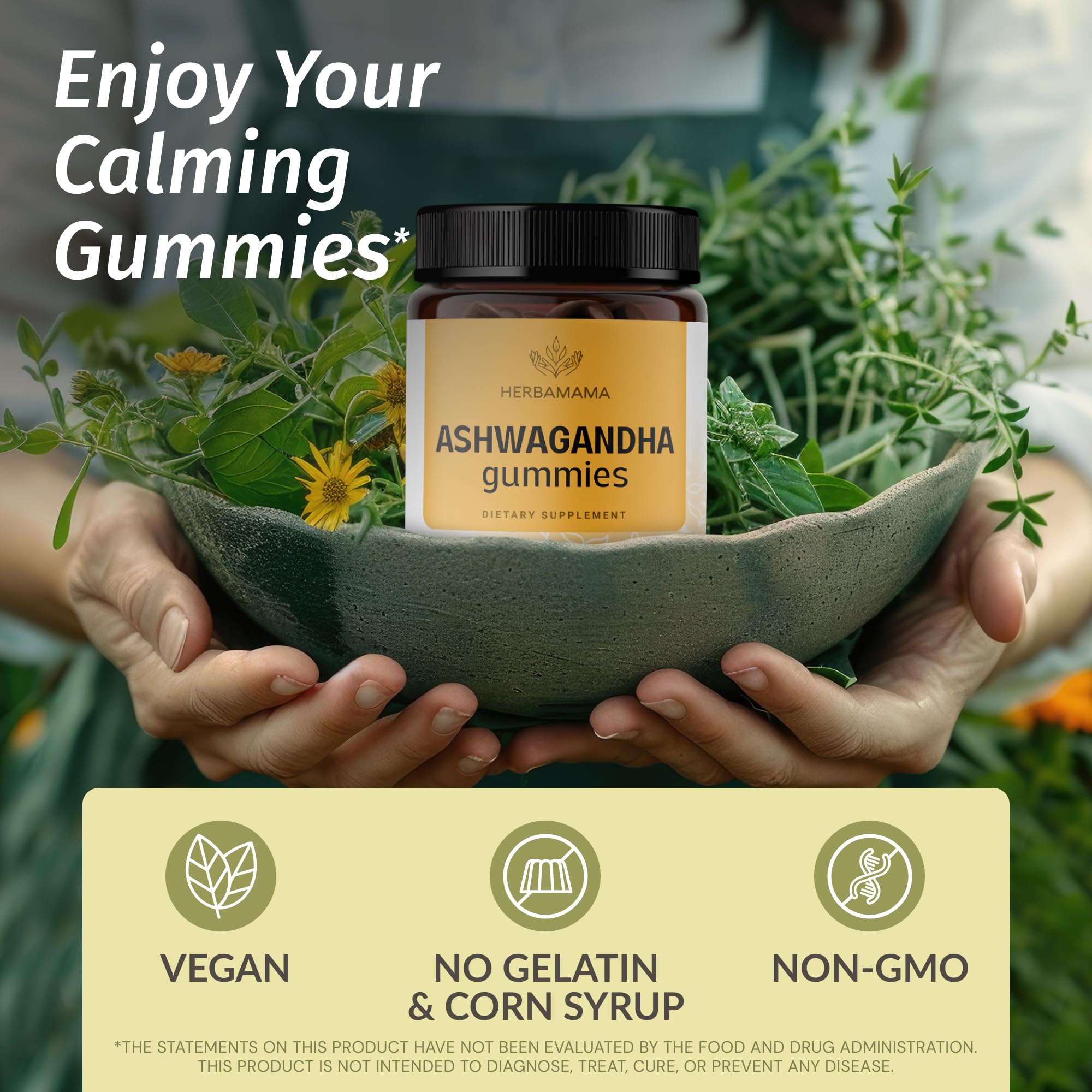 HERBAMAMA Ashwagandha Gummies soft chew close-up emphasizing vegan, non-GMO formula.