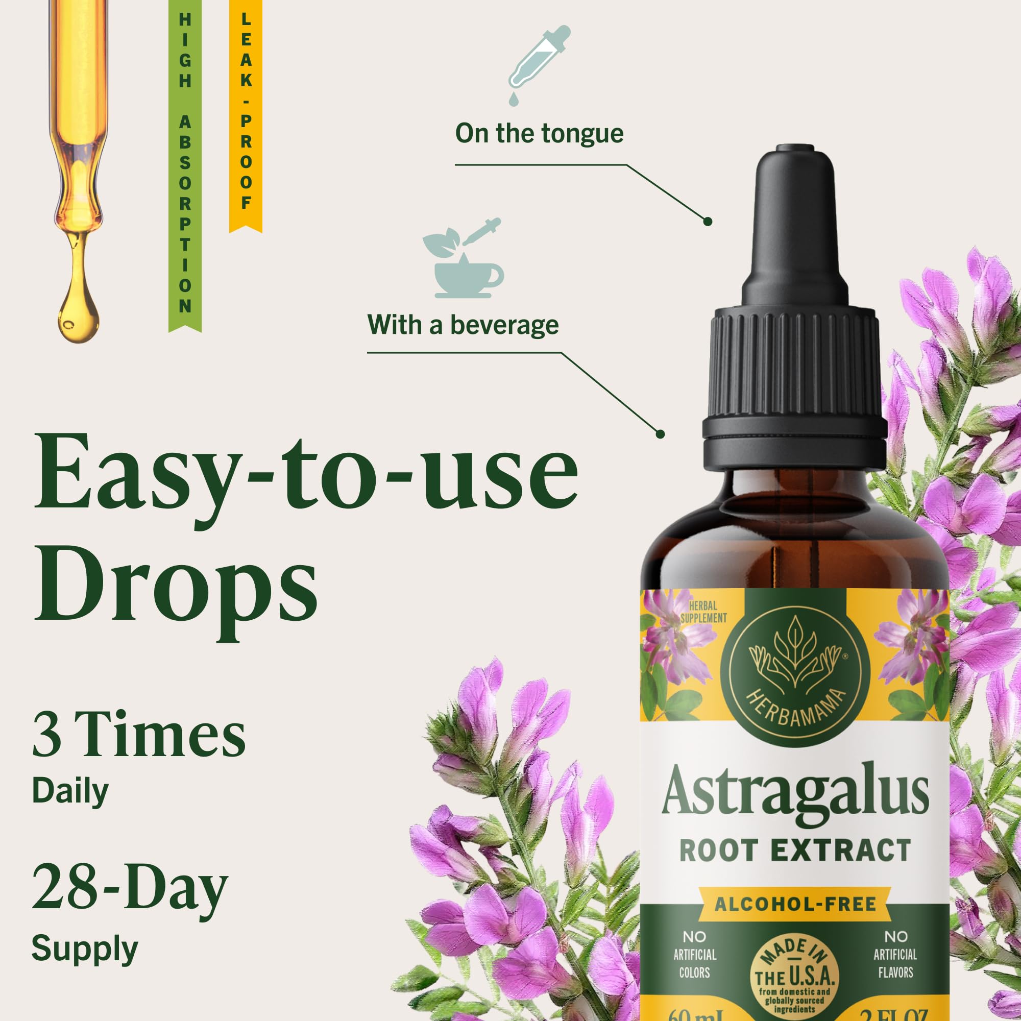 HERBAMAMA Astragalus Drops dropper dispensing three times daily usage.
