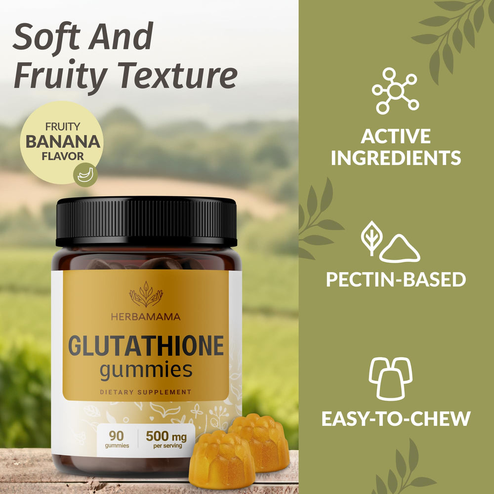 HERBAMAMA banana-flavored glutathione chews for daily wellness routine.