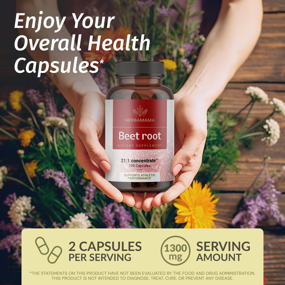 HERBAMAMA Beet Root capsules close-up highlighting easy-to-swallow vegan capsules.