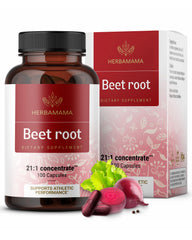 HERBAMAMA Beet Root Extract bottle showing 1300 mg per serving for daily energy support.