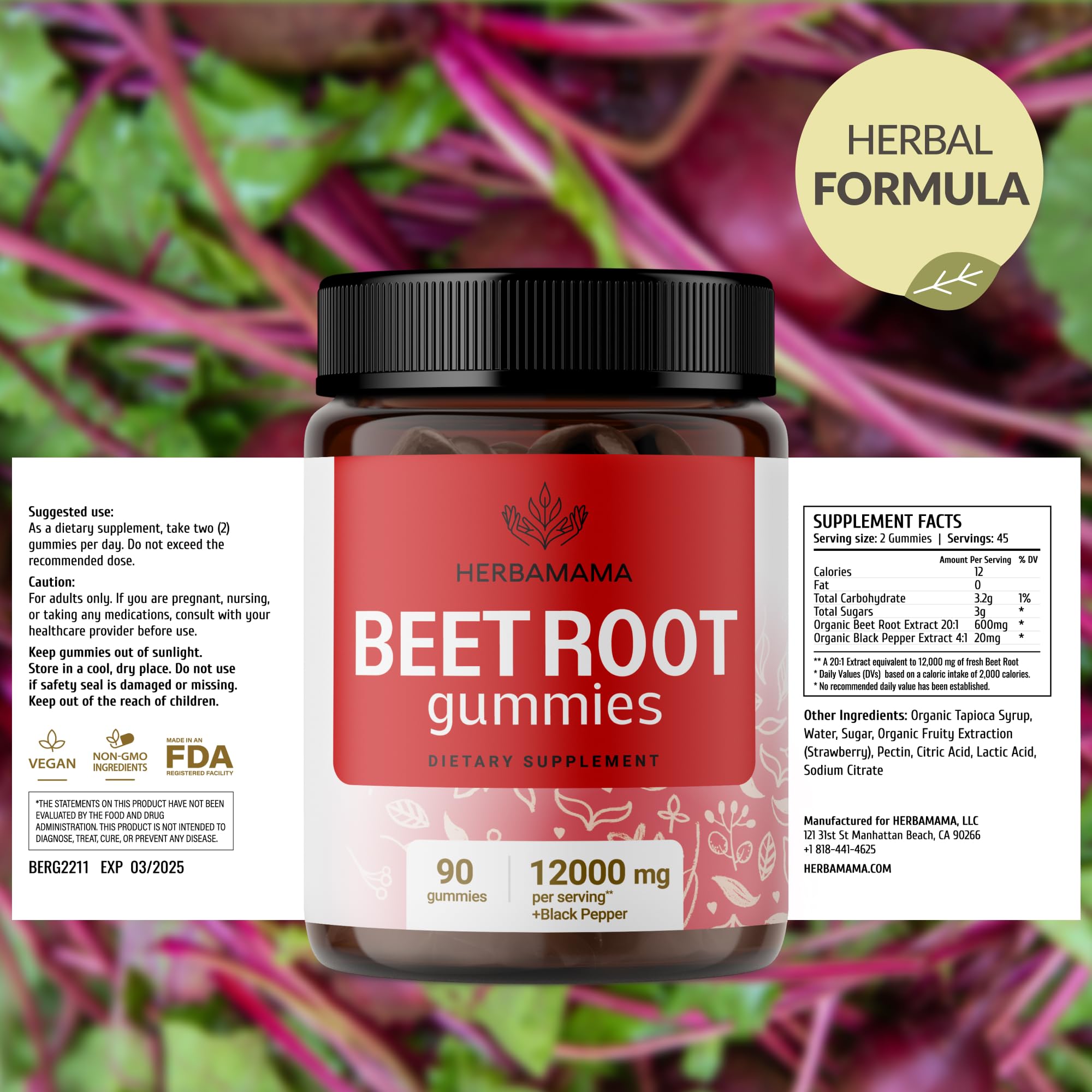Two HERBAMAMA Beet Root Gummies served with a meal