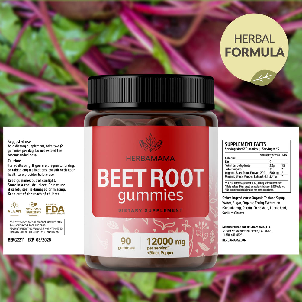 Two HERBAMAMA Beet Root Gummies served with a meal