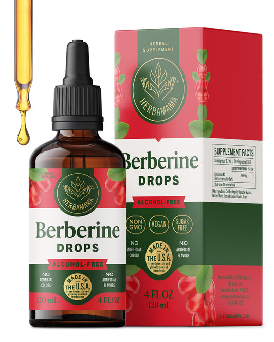 Herbamama Berberine liquid drops bottle highlighting vegan, non-GMO formula for daily antioxidant support.