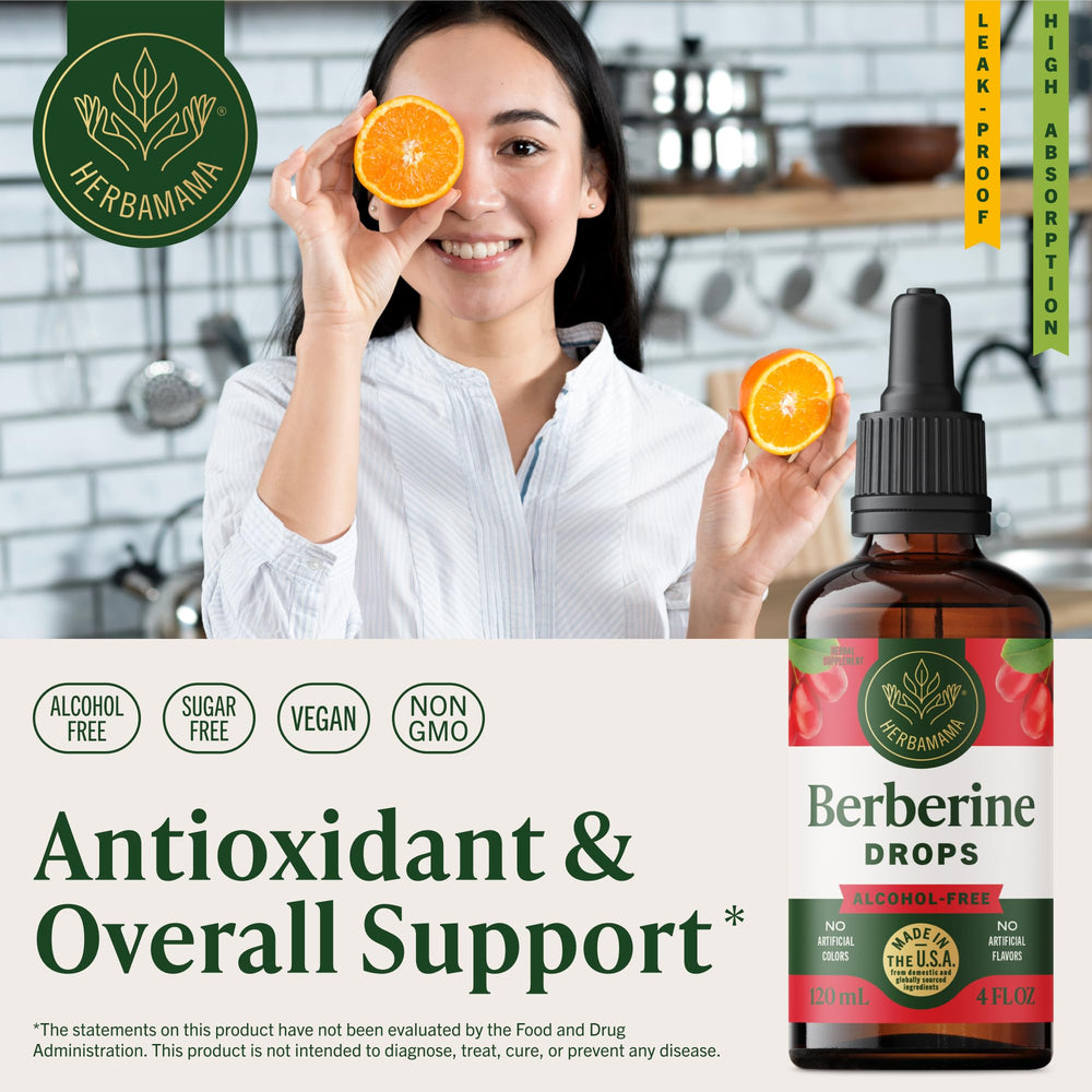 Herbamama Berberine liquid drops dropper ready for quick, easy dosing.