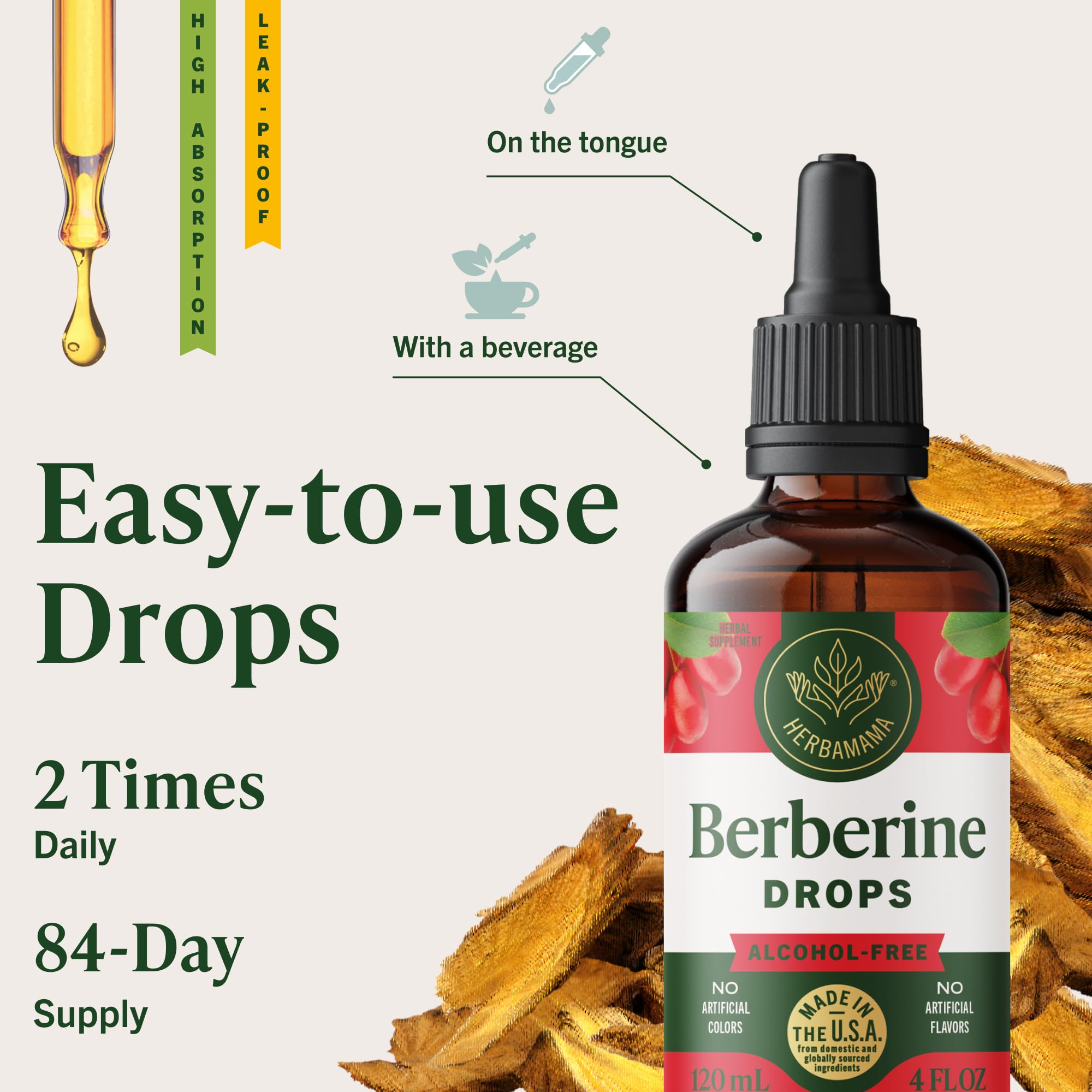 Herbamama Berberine liquid drops in glass shows easy mixing into water for daily use.