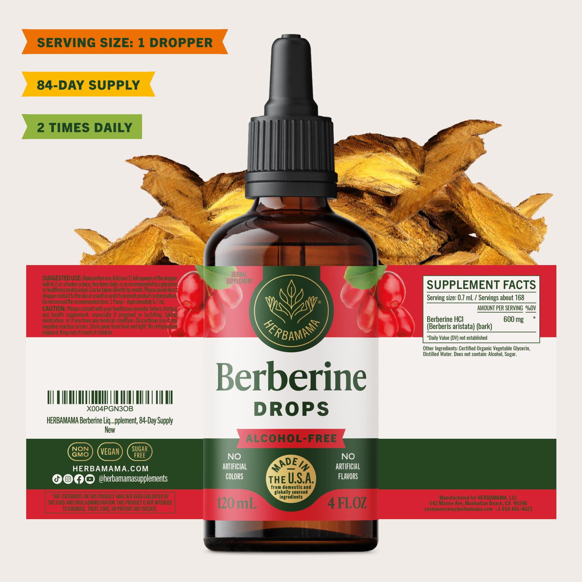 Herbamama Berberine liquid drops shake well-before-use instruction ensures consistent dosing.