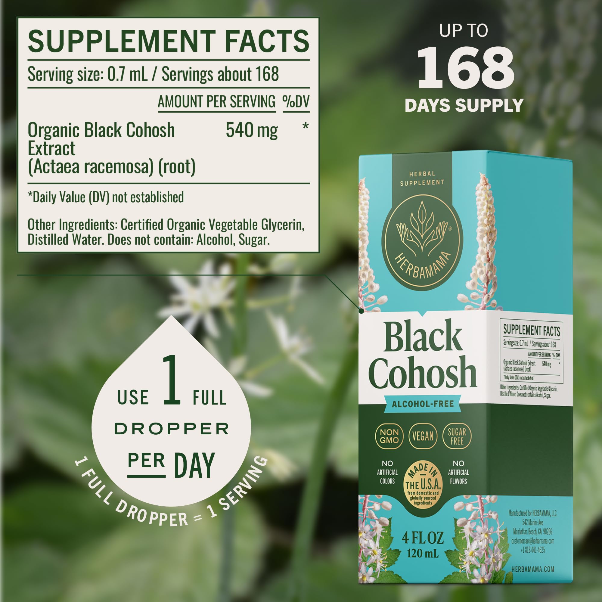 Herbamama tincture label close-up showing vegan, non-GMO formula