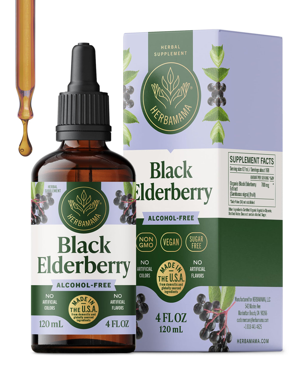 HERBAMAMA Black Elderberry Drops bottle highlighting vegan immune support and smooth taste.