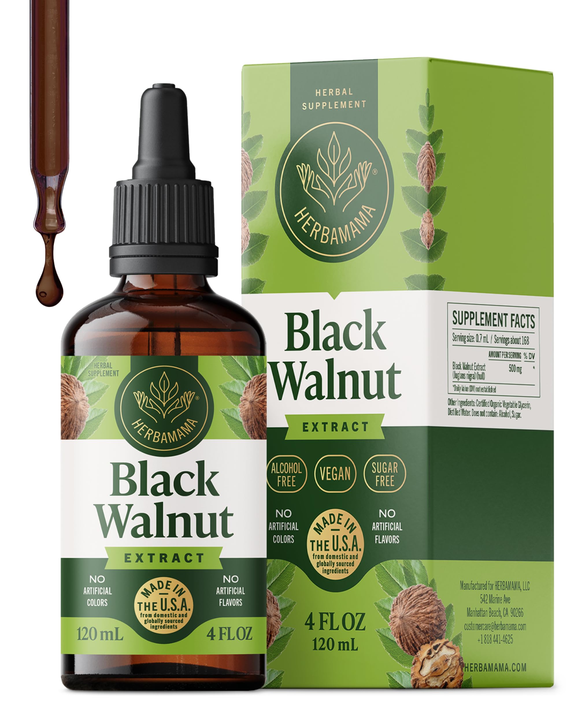 HERBAMAMA Black Walnut tincture bottle shows vegan, alcohol-free formula for gentle digestion support