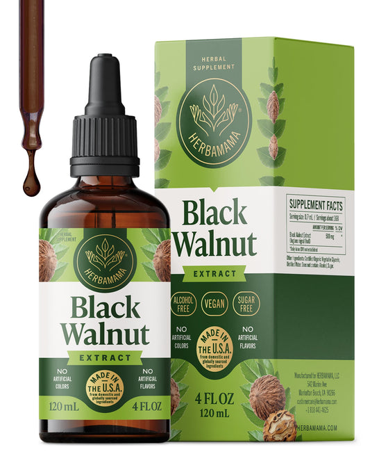 HERBAMAMA Black Walnut tincture bottle shows vegan, alcohol-free formula for gentle digestion support