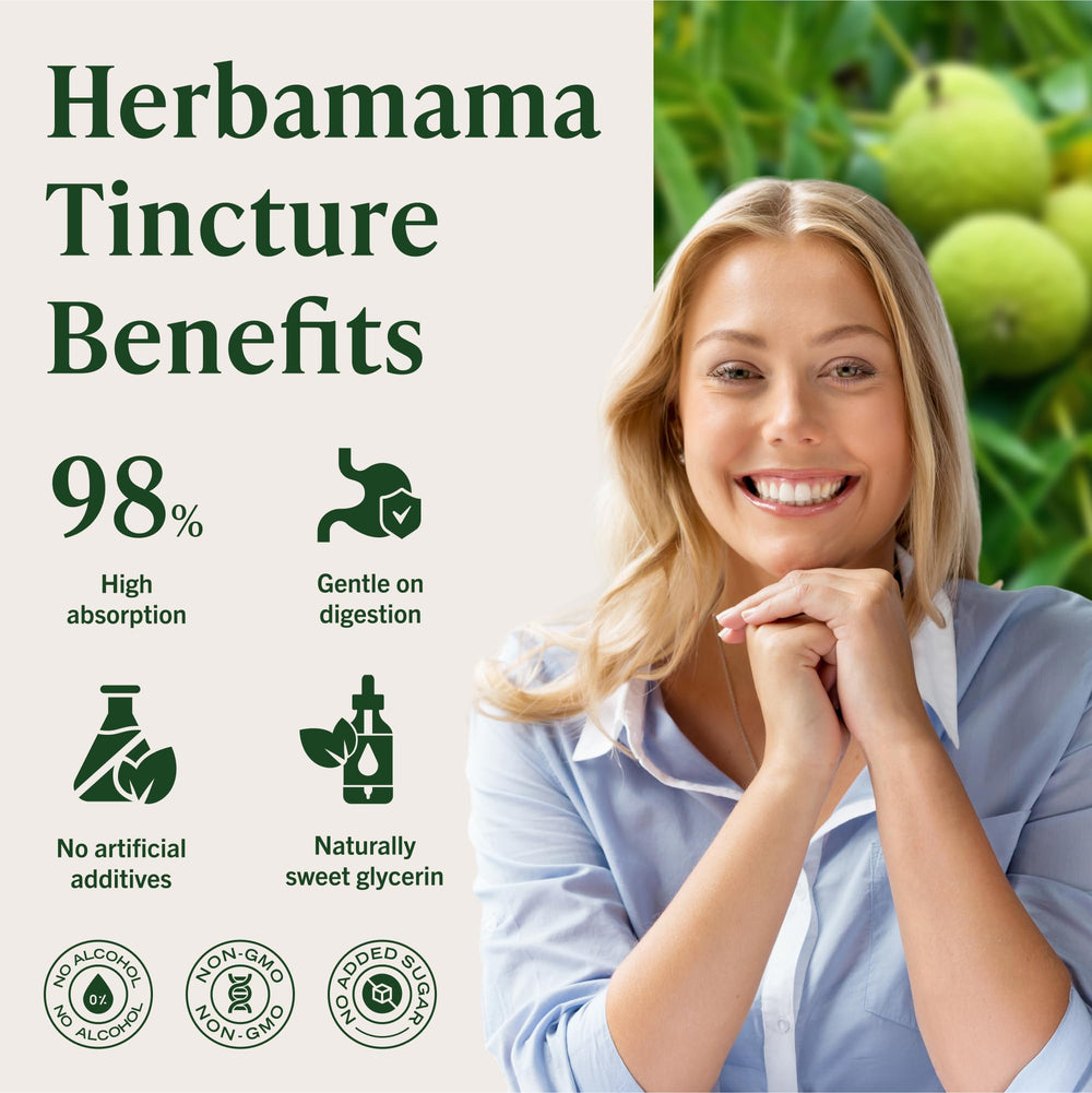Graphic shows three ingredients: black walnut hull, glycerin, water by HERBAMAMA