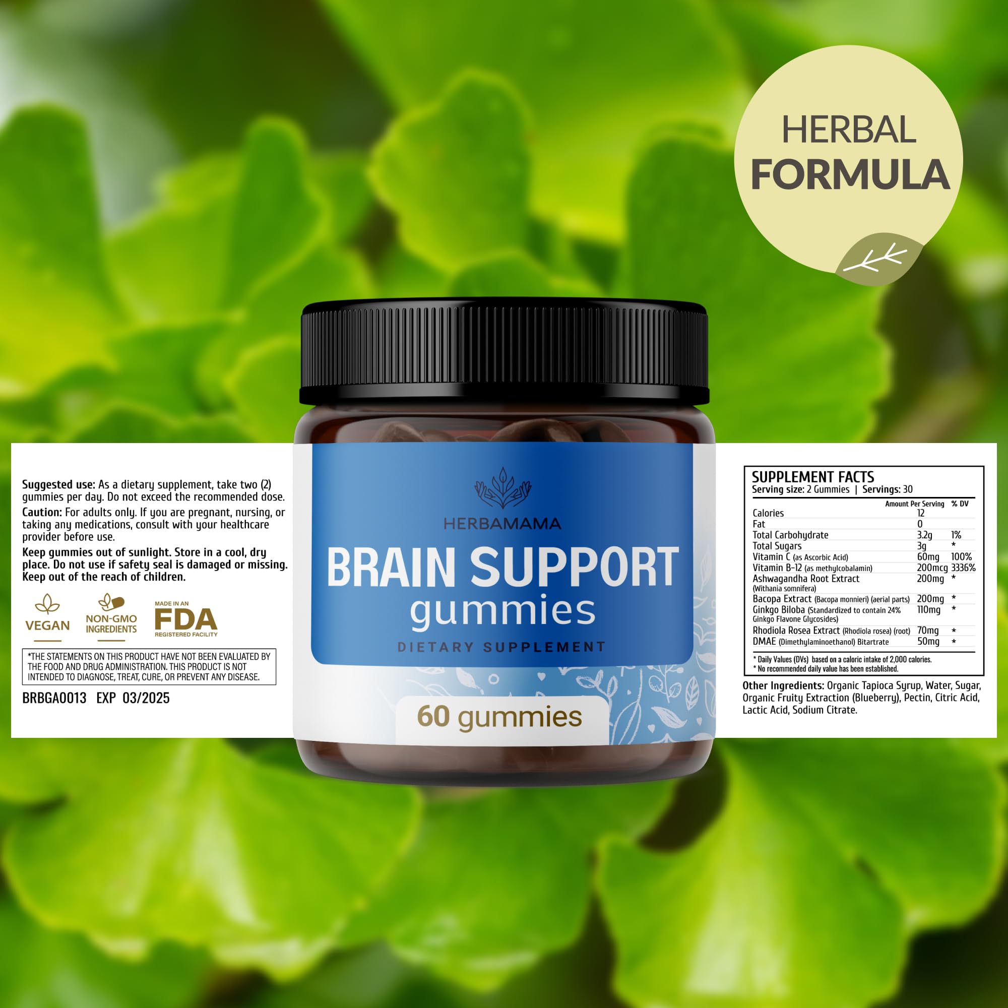 HERBAMAMA Brain Support packaging and gummies highlighting vegan and non-GMO claim