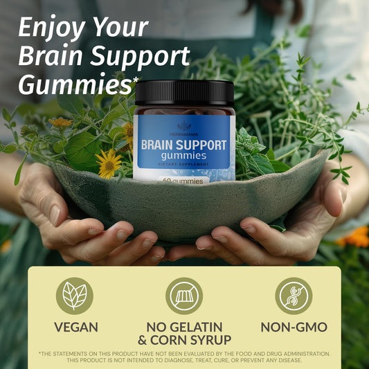 HERBAMAMA Brain Support gummies soft-chew texture closeup for easy daily use