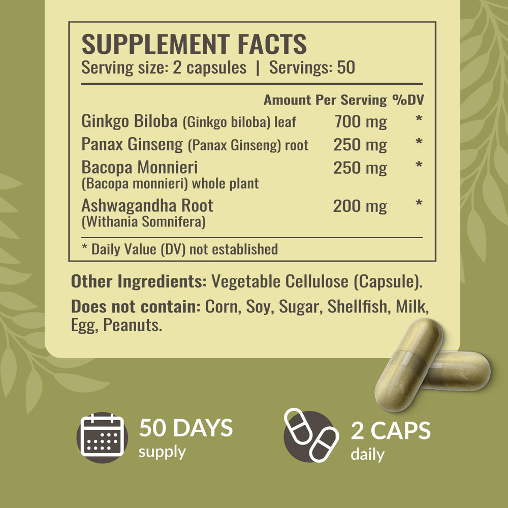HERBAMAMA Brain Support Panax ginseng illustration with bottle.