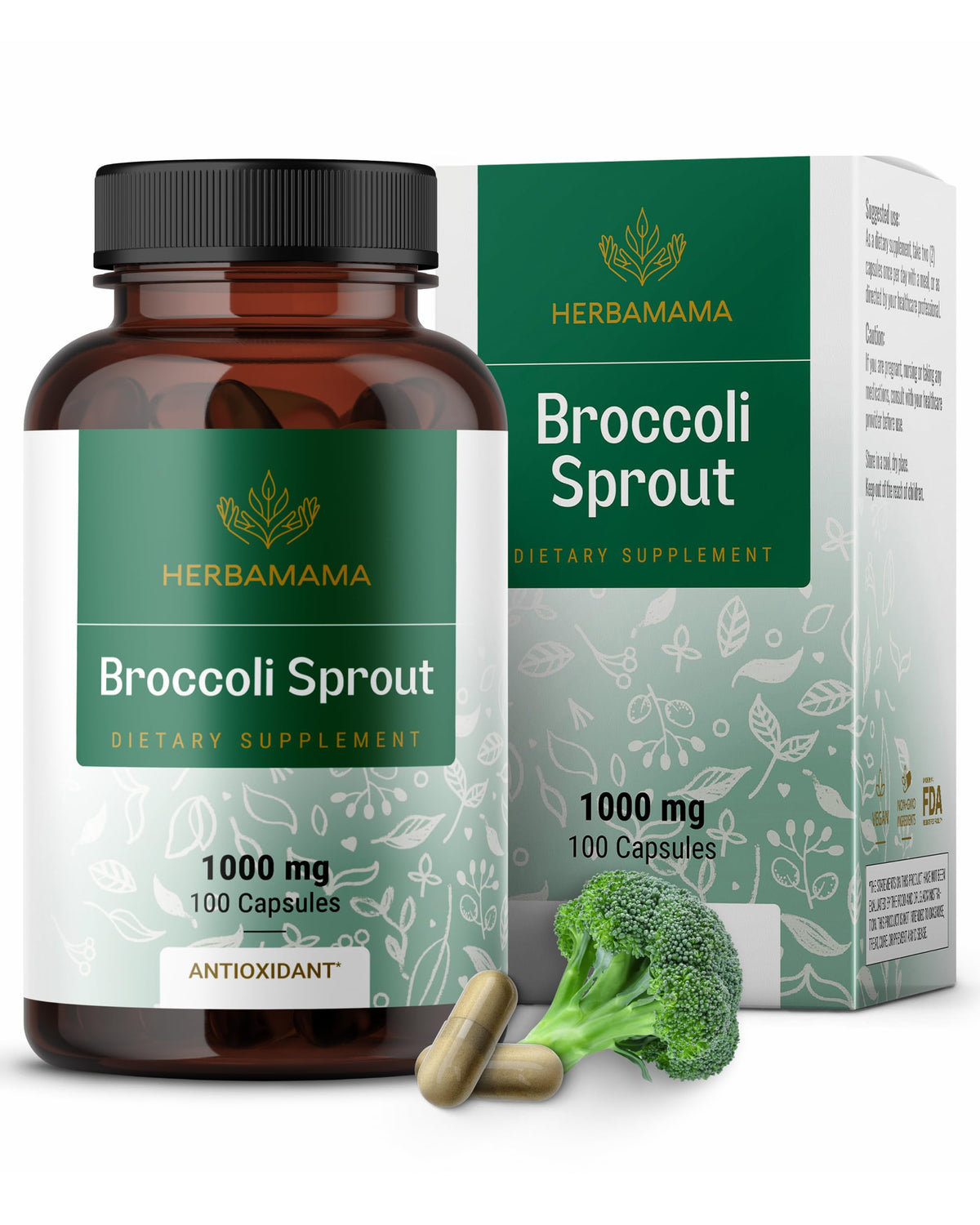 HERBAMAMA broccoli sprouts capsules bottle – convenient daily antioxidant support for regular use.