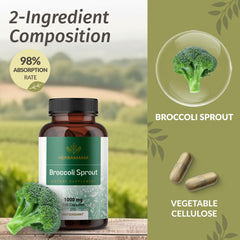 HERBAMAMA broccoli sprouts capsules closeup – two-ingredient, clean-label formula.