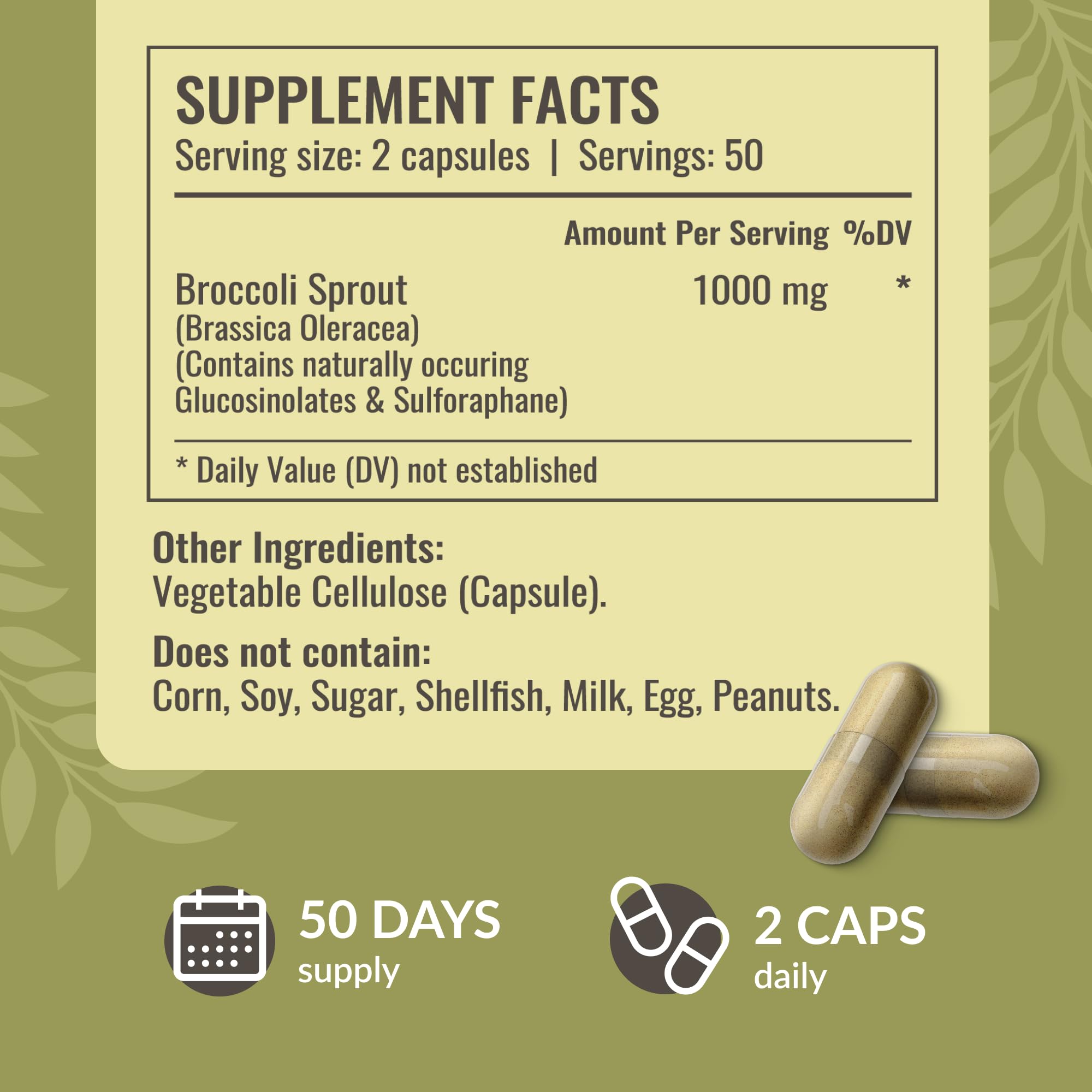 HERBAMAMA broccoli sprouts capsules label – clear plant-based ingredients.