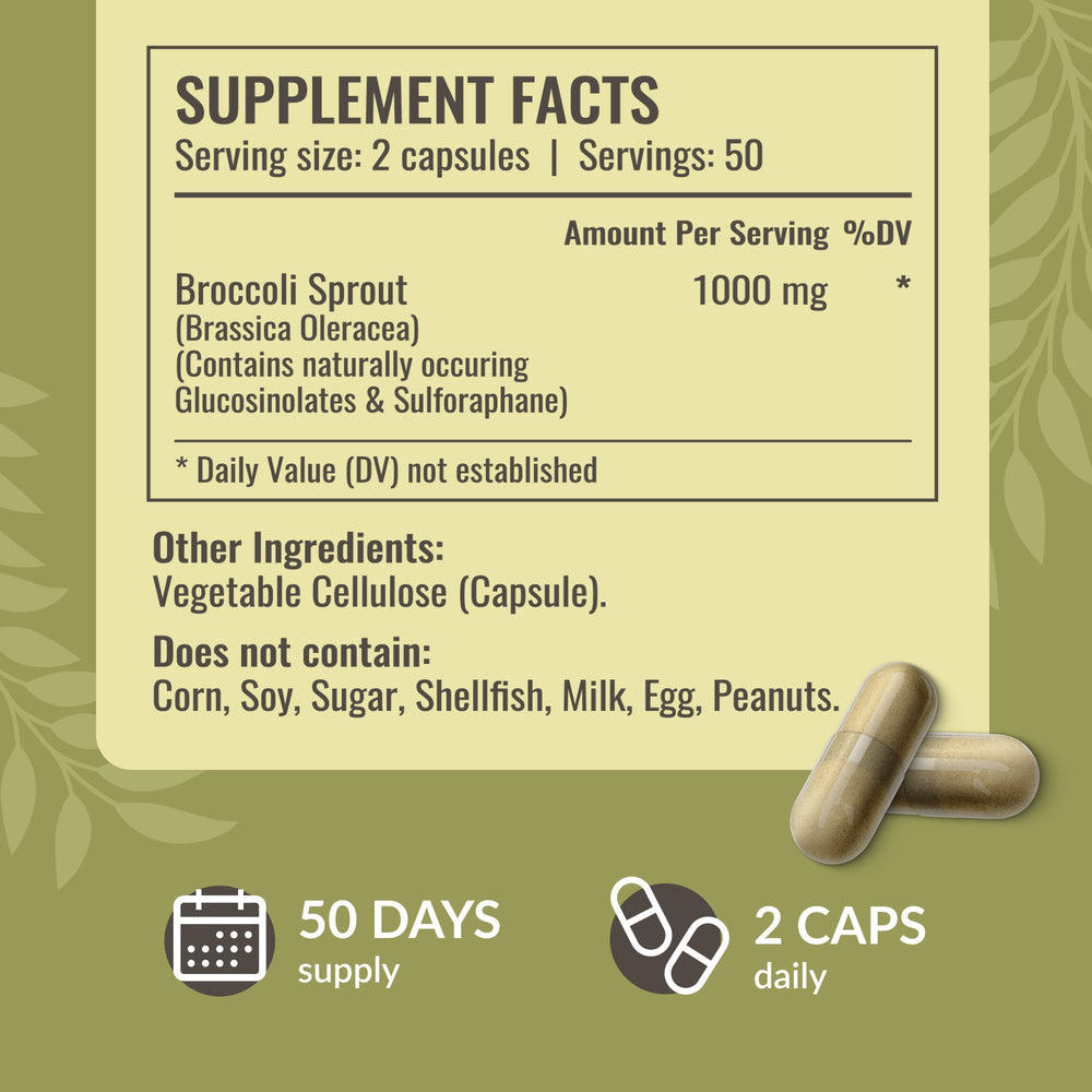 HERBAMAMA broccoli sprouts capsules label – clear plant-based ingredients.