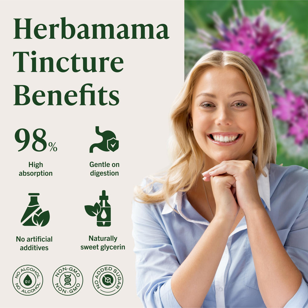 HERBAMAMA Burdock root tincture dropper close-up for quick tongue administration.