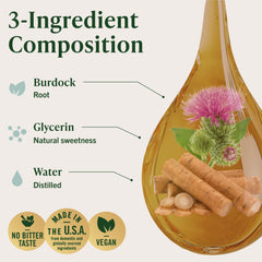 HERBAMAMA Burdock ingredients label shows Arctium lappa, glycerin, and water.