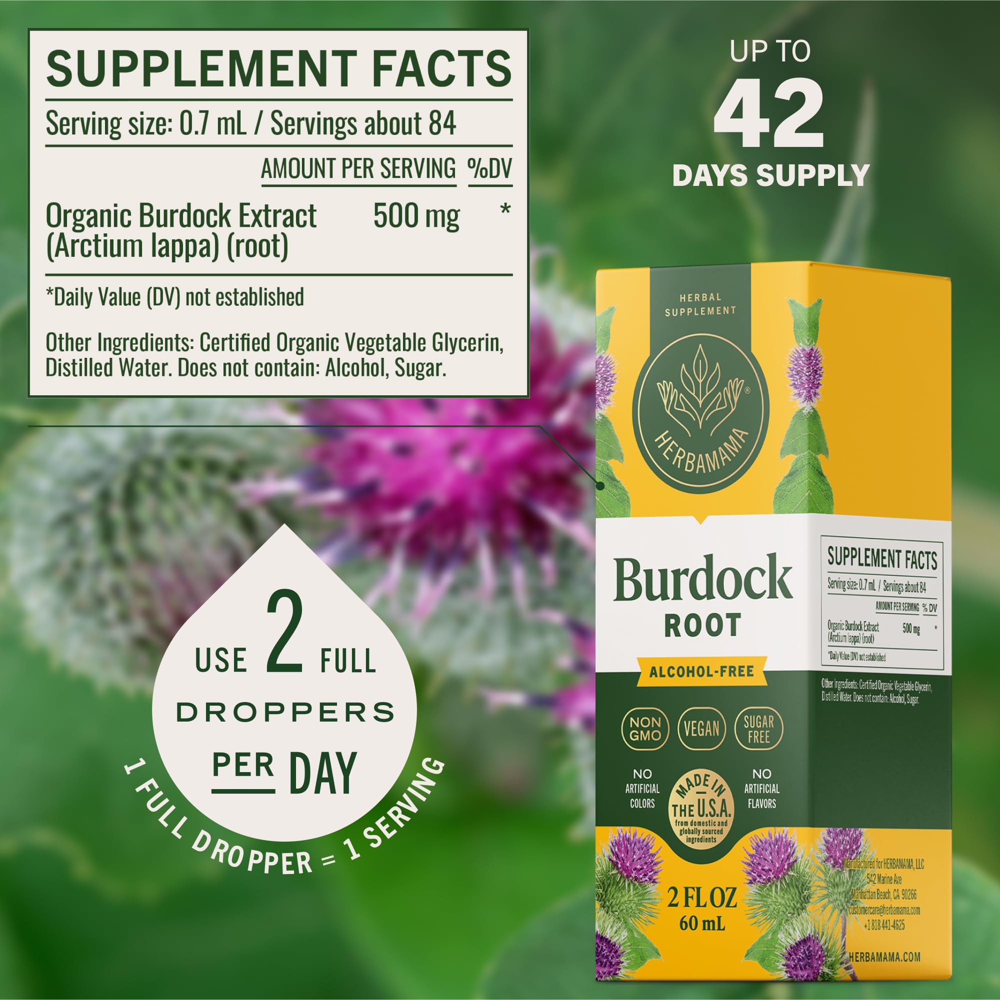HERBAMAMA Burdock liquid supplement dropper close-up highlighting quick absorption.