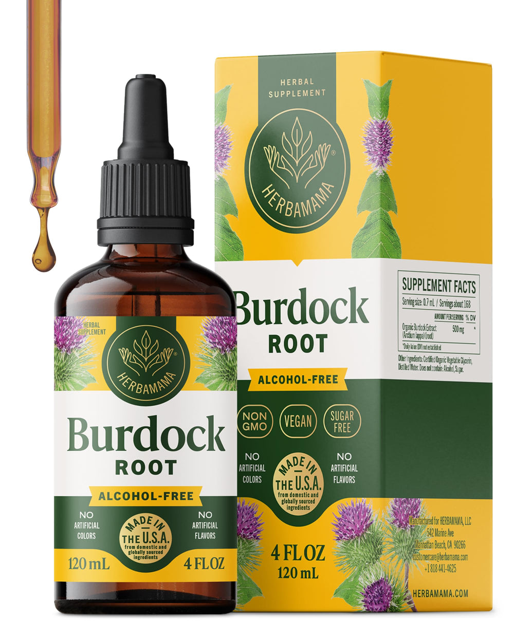 HERBAMAMA Burdock Root Tincture bottle on countertop highlighting antioxidant support.
