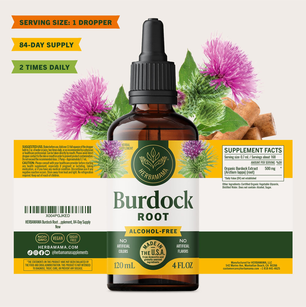 HERBAMAMA Burdock Root Tincture packaging box shown in product shot.