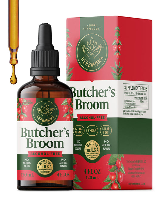 HERBAMAMA Butcher's Broom Root Drops bottle and dropper for leg support.