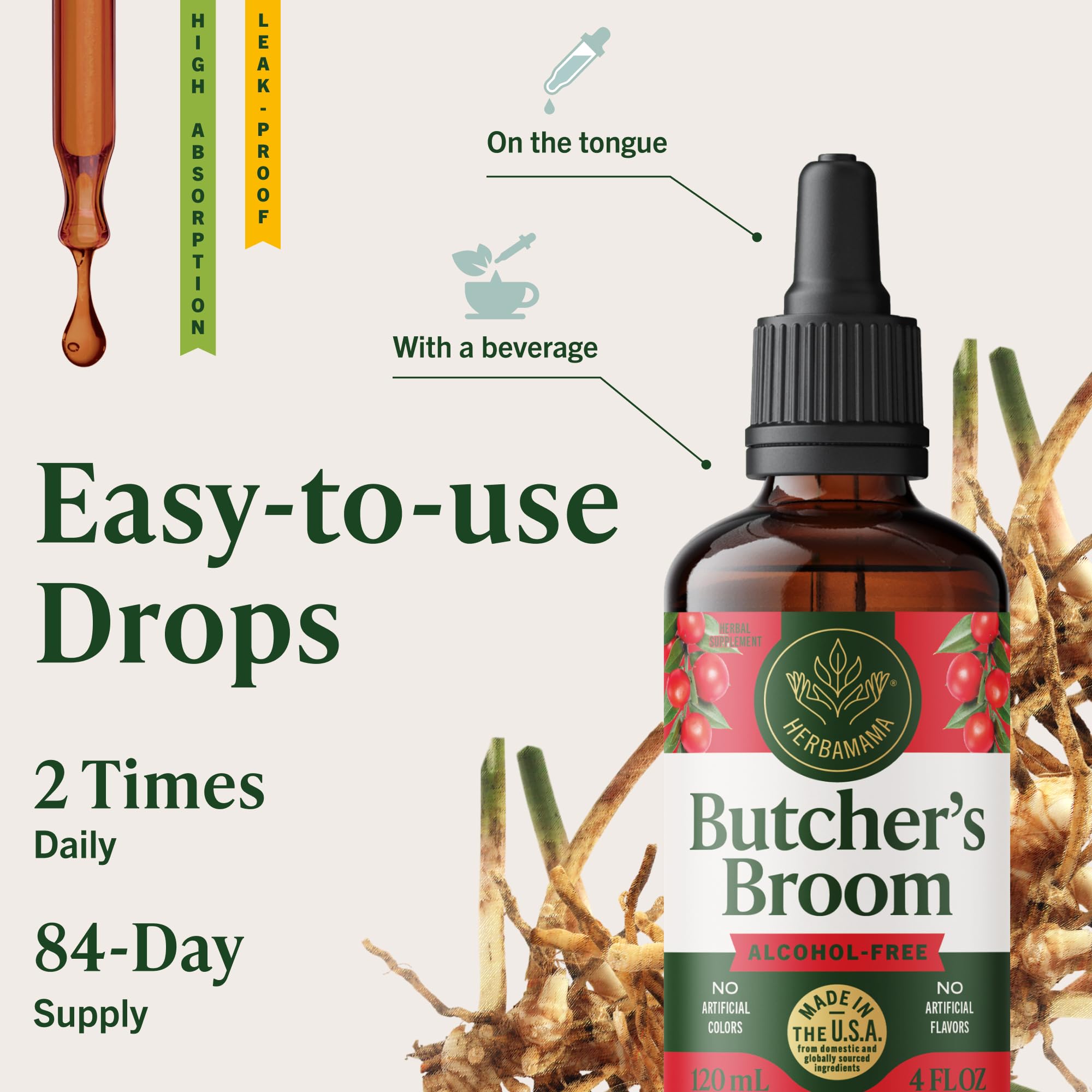 Alcohol-free and sugar-free HERBAMAMA Butcher's Broom Root Drops visuals.