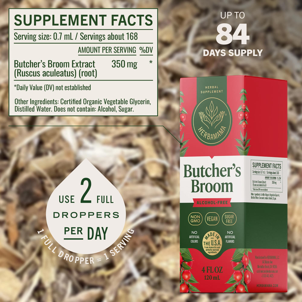 Three-ingredient tincture: HERBAMAMA Butcher's Broom Root Drops ingredients.