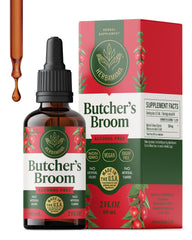 HERBAMAMA Butcher's Broom Root Tincture bottle highlighting vegan leg support benefits