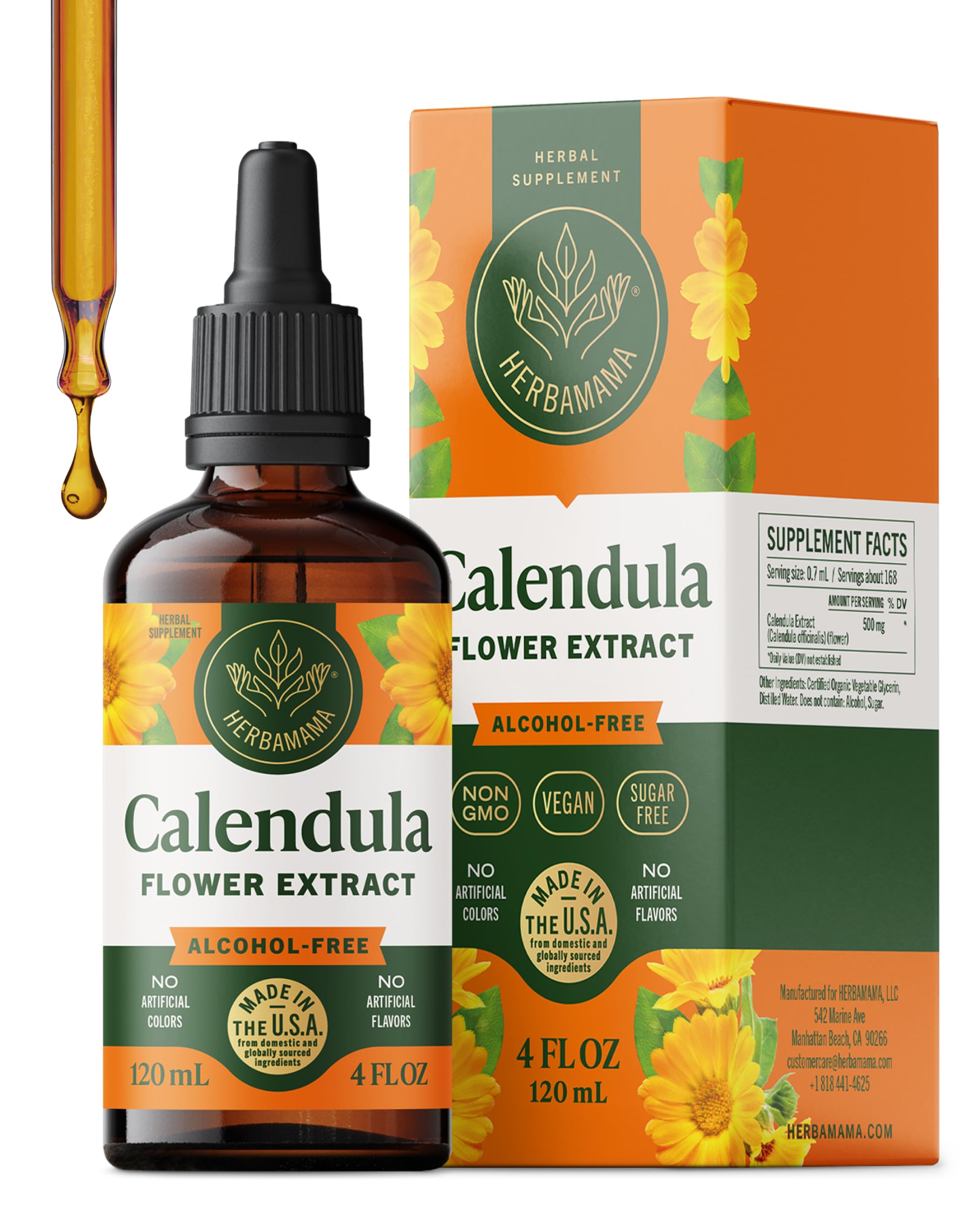 HERBAMAMA Calendula tincture bottle showing vegan, alcohol-free formula with natural antioxidants.