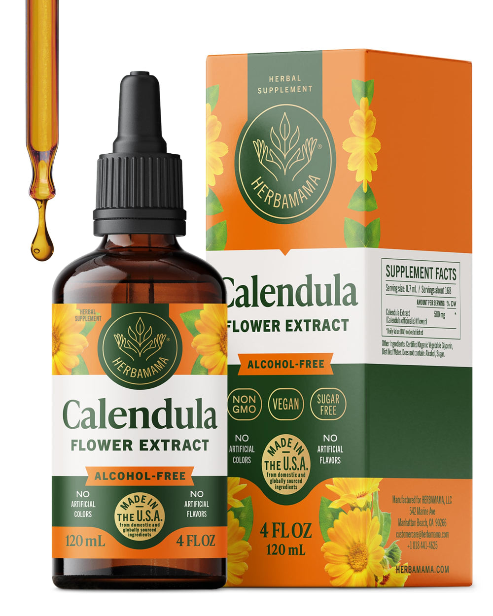 HERBAMAMA Calendula tincture bottle showing vegan, alcohol-free formula with natural antioxidants.