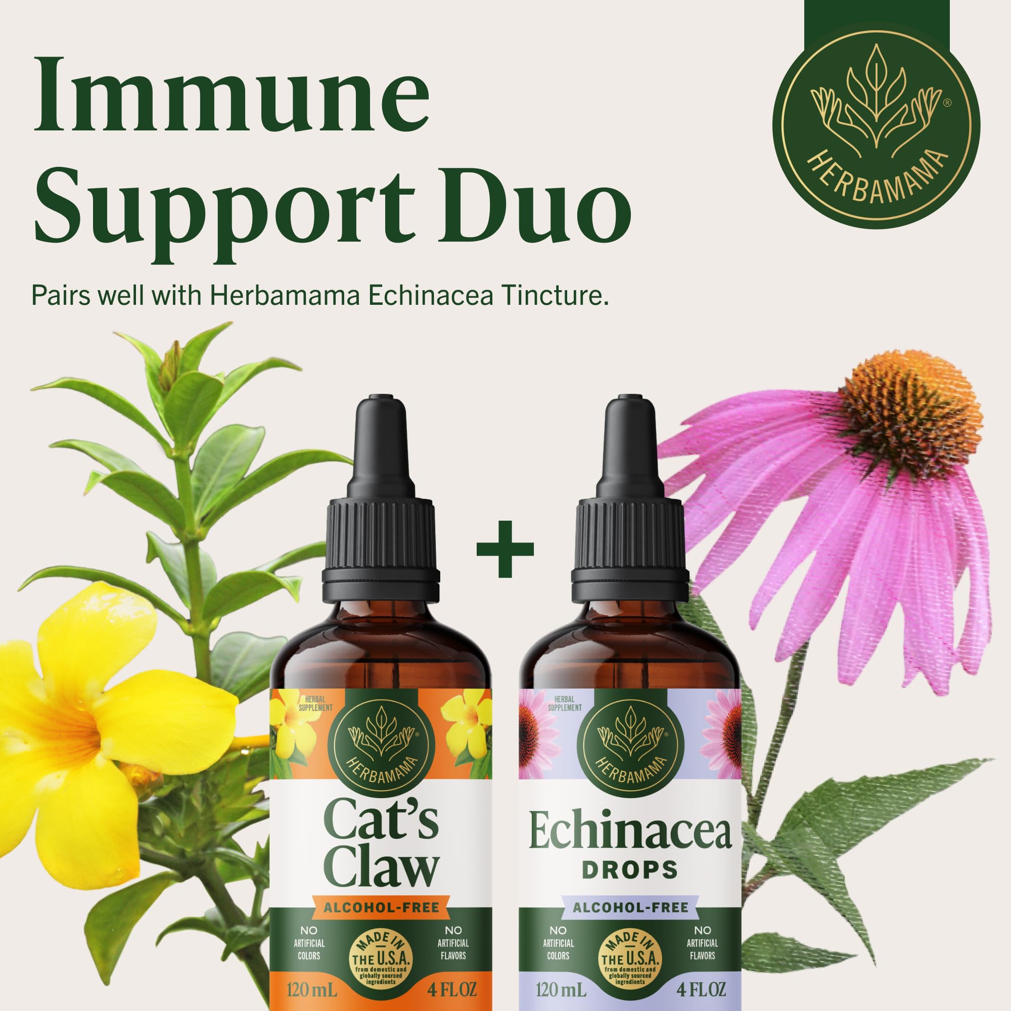 HERBAMAMA Cat's Claw tincture 84-day supply packaging visible.