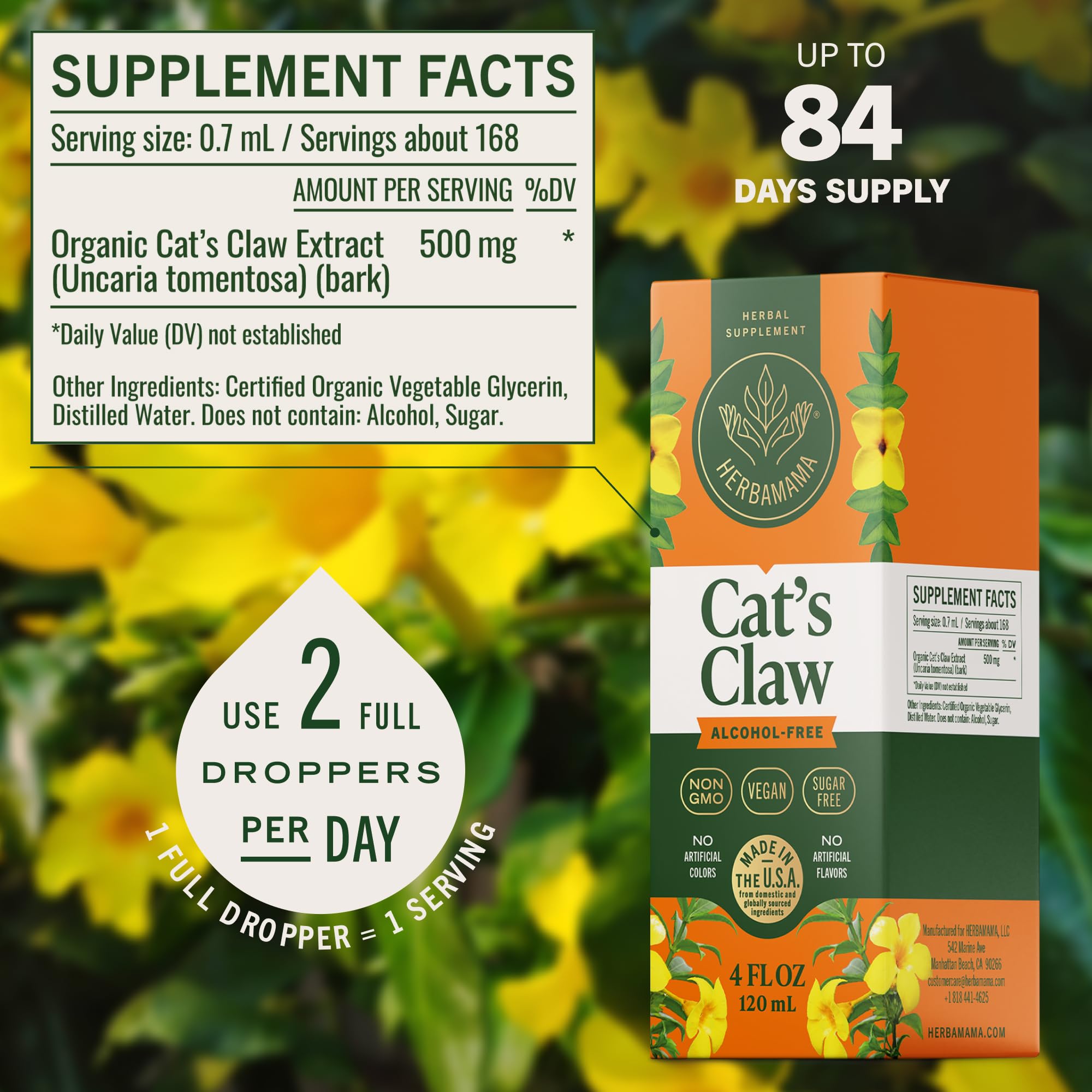 HERBAMAMA Cat's Claw tincture label closeup showing glycerin base.