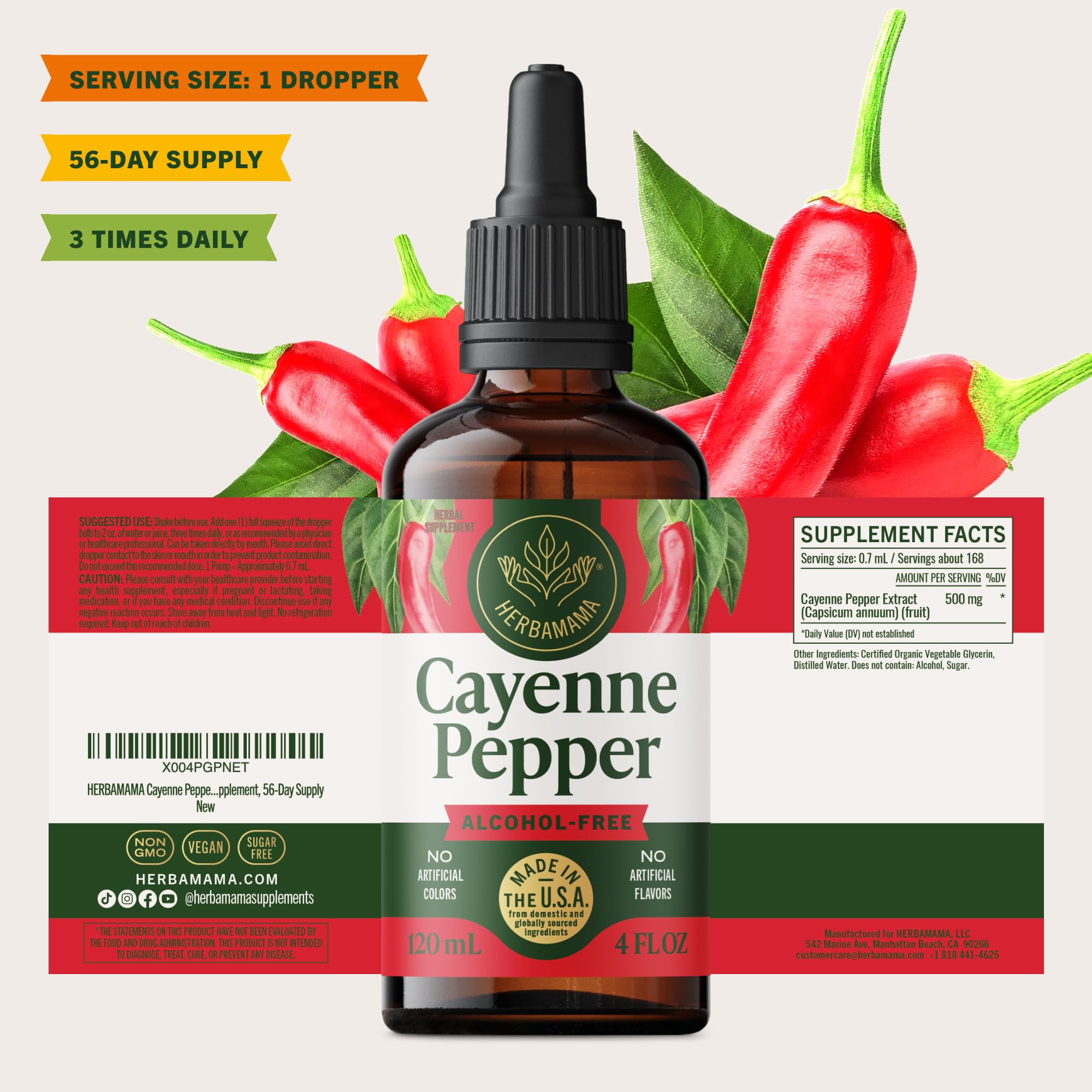 Herbamama Cayenne tincture bottle highlights alcohol-free and sugar-free formula