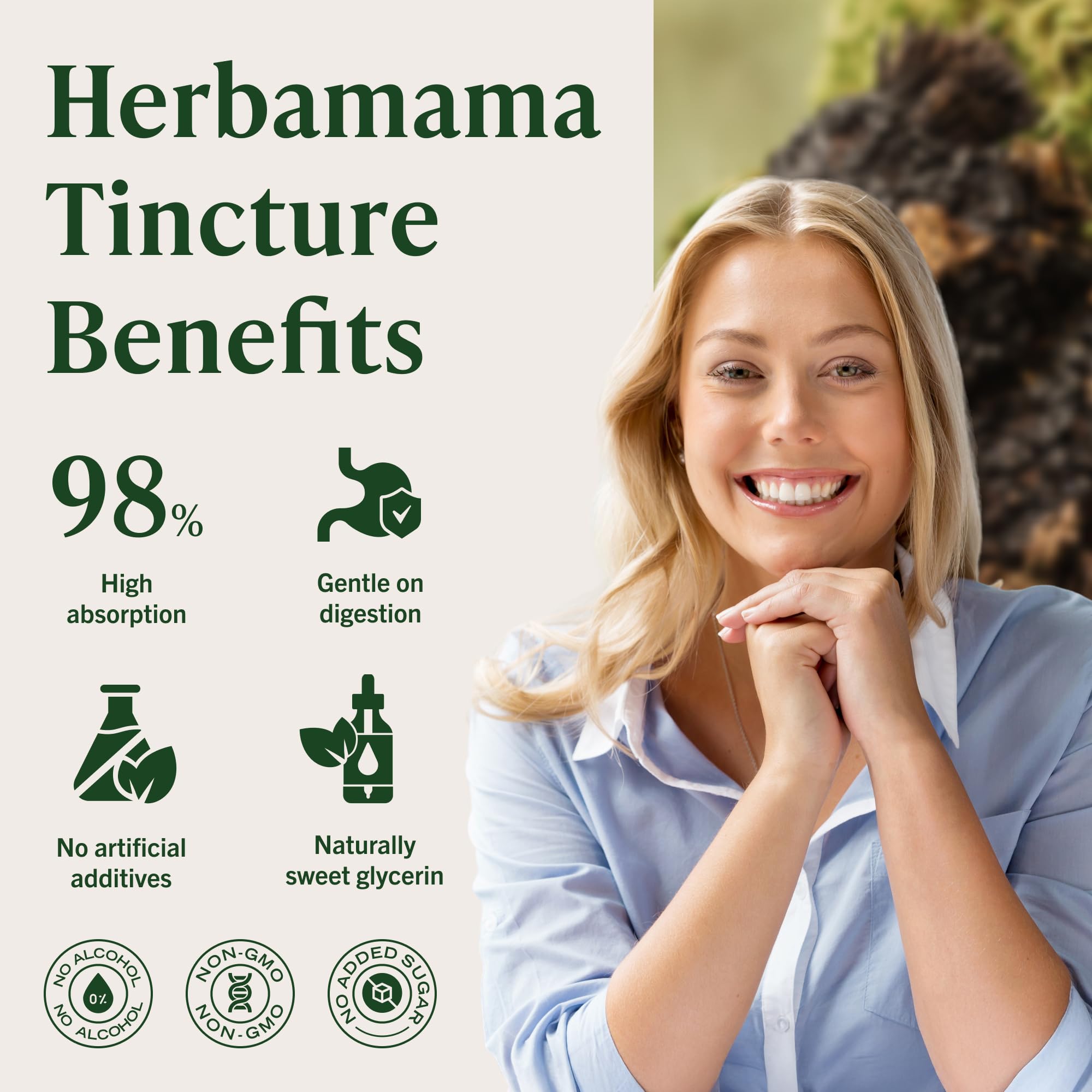 HERBAMAMA chaga ingredients reveal plant-based glycerin and water plus extract.