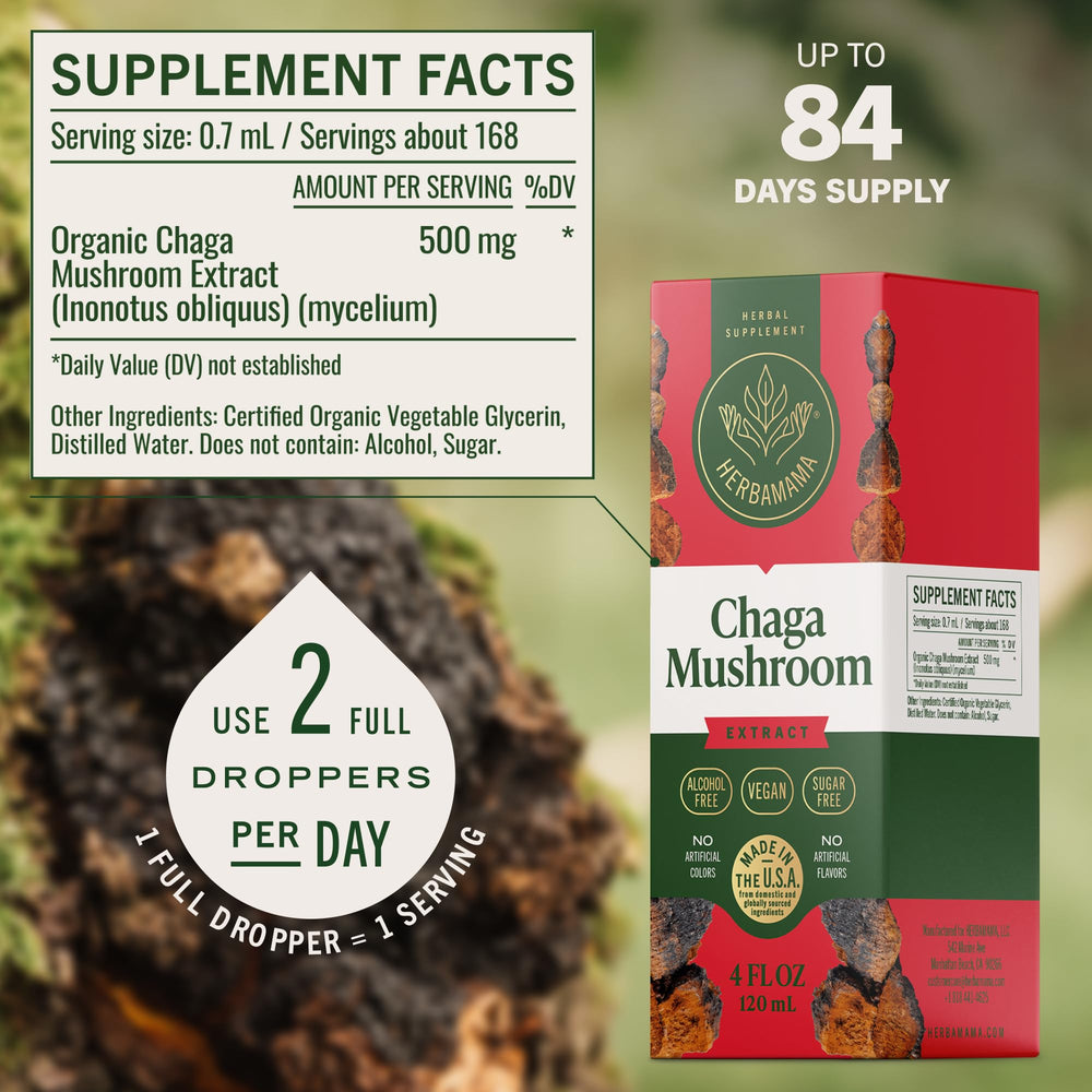 HERBAMAMA Chaga Mushroom Ingredients close-up reveals three-ingredient, simple formula