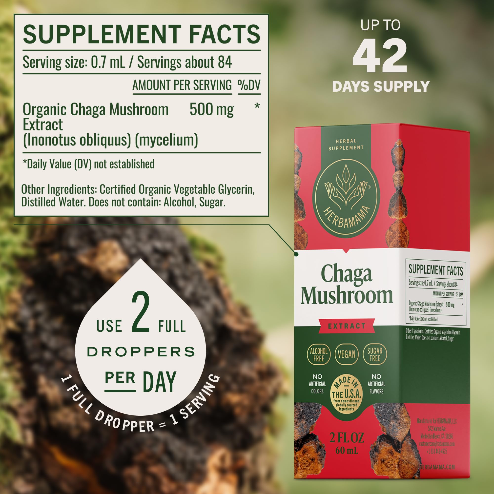 HERBAMAMA chaga tincture dropper captures quick absorption and convenience.