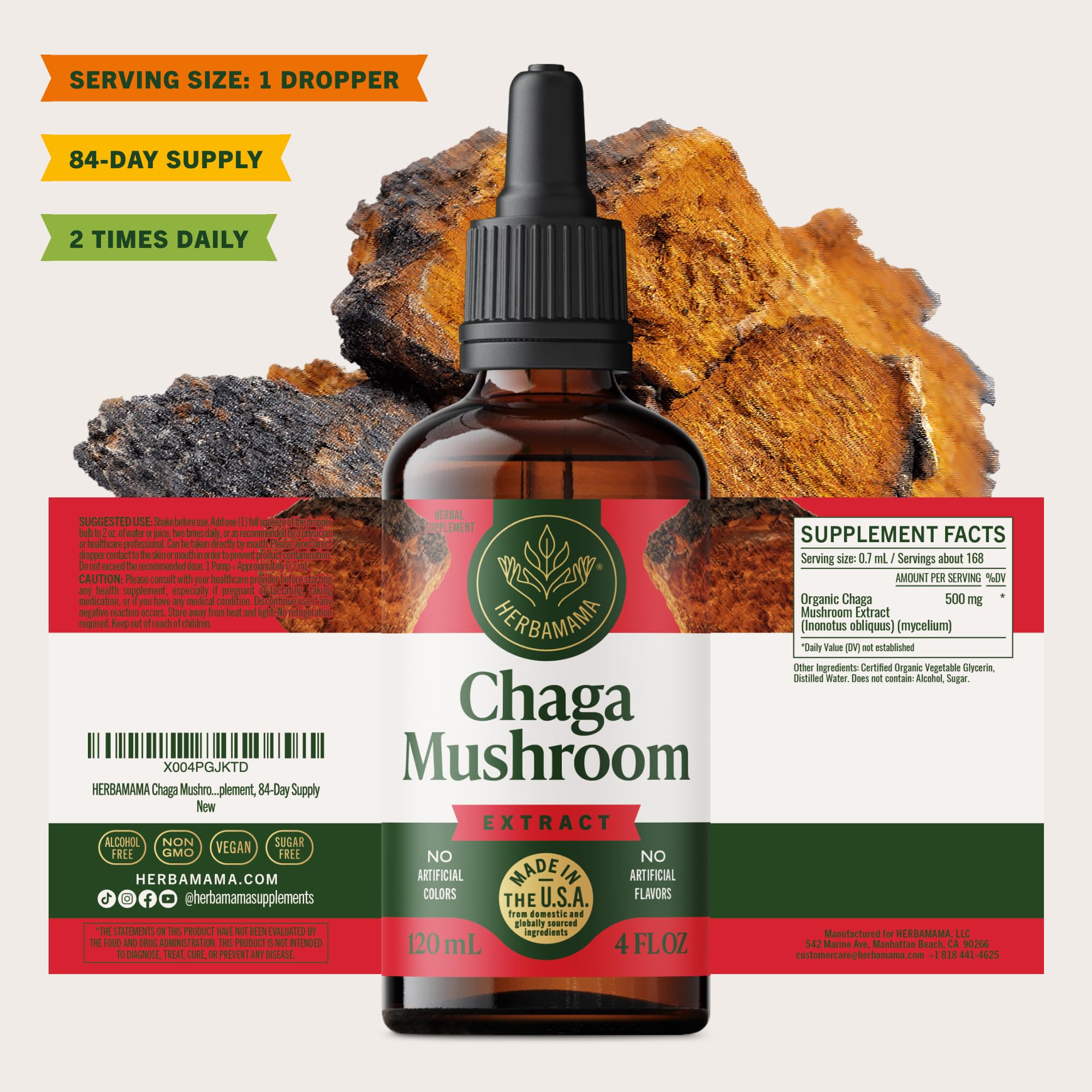 HERBAMAMA Chaga Tincture ready-to-use bottle shown with 84-day supply